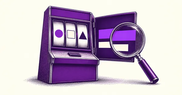 A slot machine with an open information panel and a magnifying glass