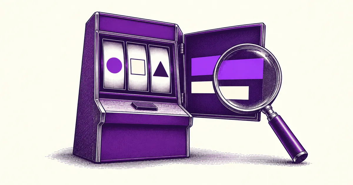 A slot machine with an open information panel and a magnifying glass