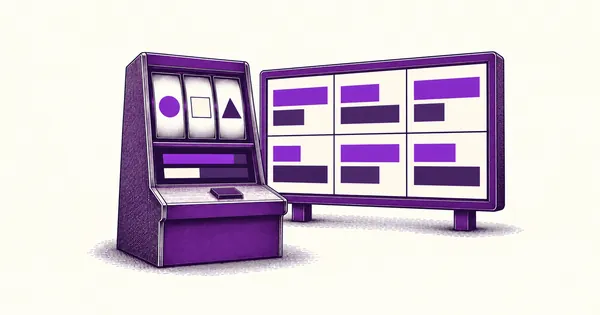 A slot machine in front of a wide comparison chart with three columns