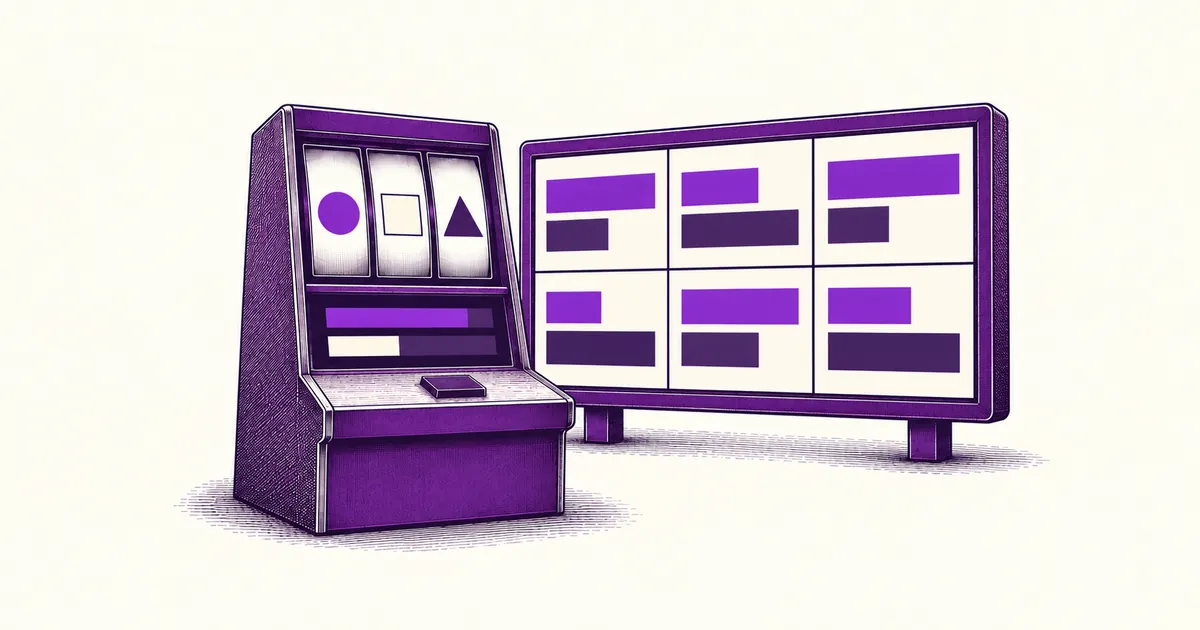 A slot machine in front of a wide comparison chart with three columns