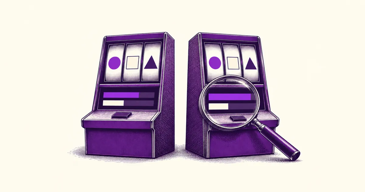 Two identical slot machines, a magnifying glass over the right machine's settings panel
