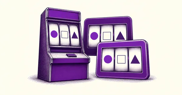 A slot machine next to two catalogue cards showing the same game