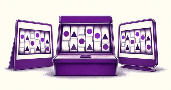 A wide multi-reel slot machine between two catalogue cards with the same reel layout
