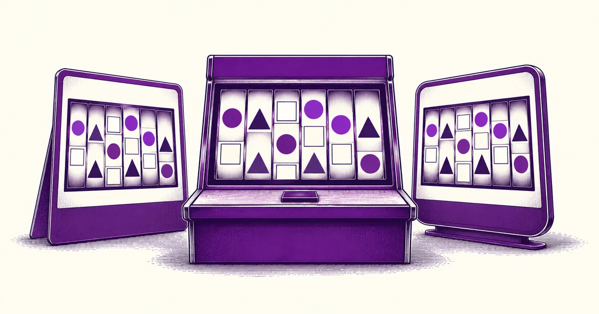 A wide multi-reel slot machine between two catalogue cards with the same reel layout
