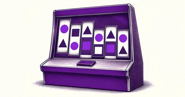 A wide slot machine with six reels holding different numbers of symbols