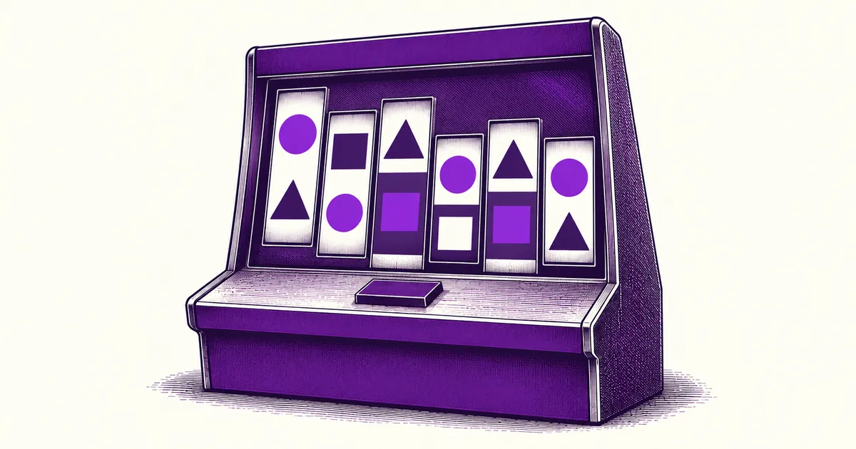 A wide slot machine with six reels holding different numbers of symbols