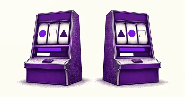 Two identical slot machines showing different symbol arrangements