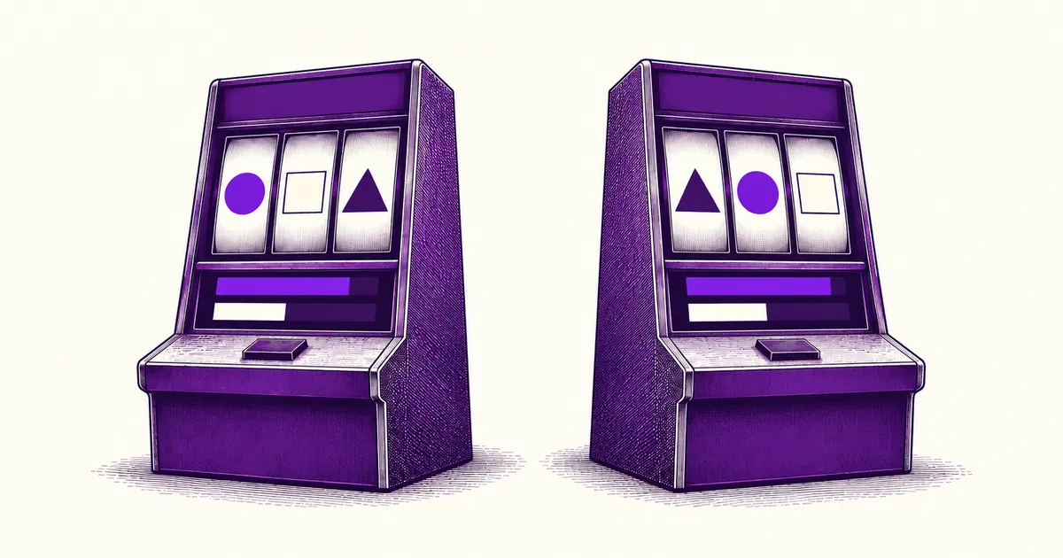 Two identical slot machines showing different symbol arrangements