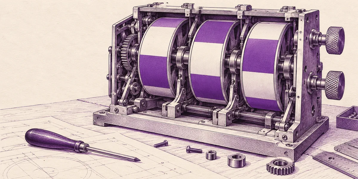 Pencil drawing of a slot machine with three purple reels and gears, a screwdriver and small parts on a blueprint